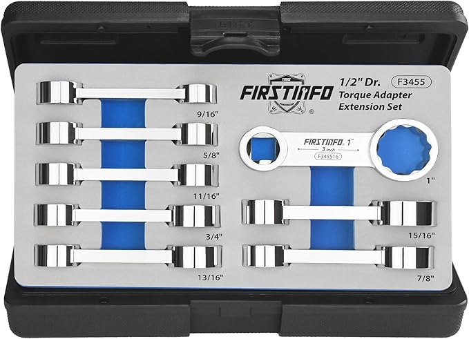 FIRSTINFO 8-Piece 1/2" Drive SAE 12-Point Box End Torque Adapter Set | 9/16-1 in sizes • 3 in center-to-center length • CR-V steel • Blow-mold case & tray • Made in Taiwan