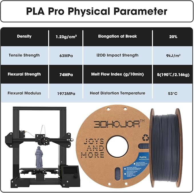 3DHoJor PLA Pro (Plus) Filament 1.75mm, 3D Printer Filament PLA+, Cardboard Spool 3D Printing Filament, Dimensional Accuracy +/- 0.03 mm, Grey, 1kg