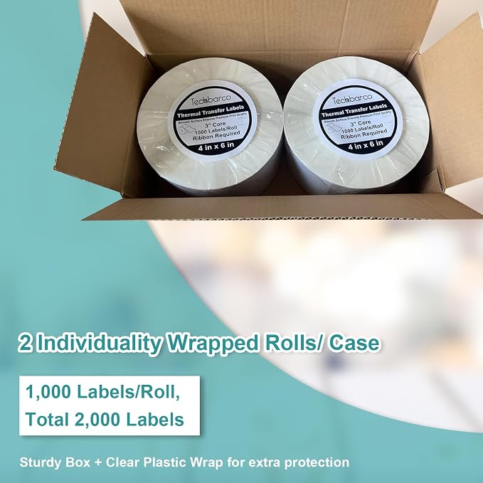 Industrial Thermal Transfer Labels 4x6 for Barcode Shipping, Ribbon Required, 3 Inch Core, 2 Rolls/Case 1000 per Roll, Perforated, Compatible with Thermal Transfer Printers