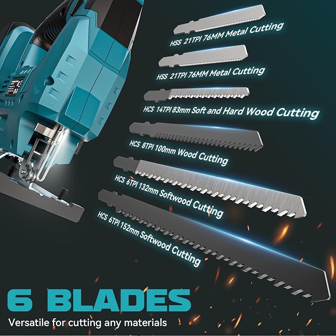 Ecarke Cordless Jig Saw Compatible With Makita 18V Battery, 4 Orbital Sets, 6 Variable Speeds Control, Dust-Blowing, ±45° Bevel Cuts, LED Light and 6PCS Blades For Straight Curve Cutting, Tool Only