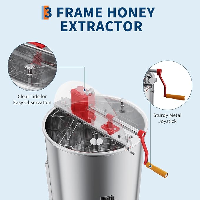 3 Frame Honey Extractor Spinner, Stainless Steel Manual Beekeeping Centrifuge