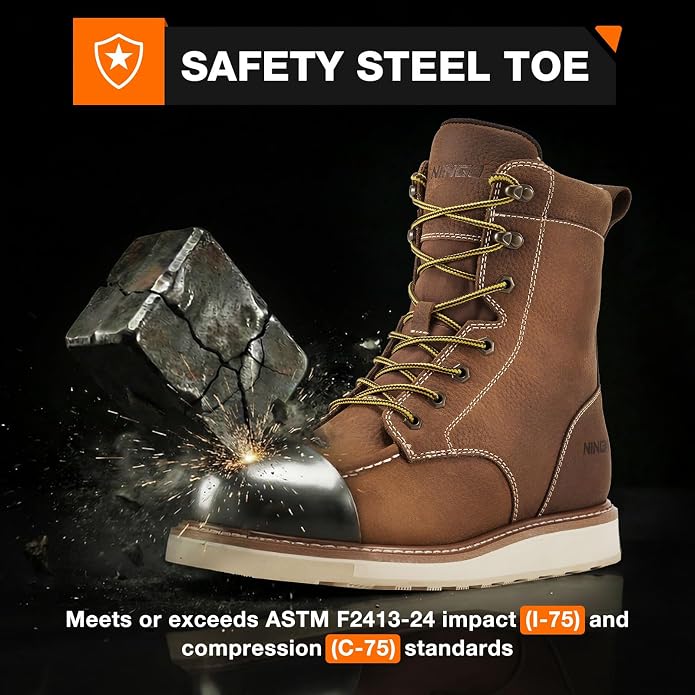 NINGO Steel Toe Work Boots for Men, 8 Inches Waterproof Moc Toe Construction Boots, Goodyear Welt Non Slip Wedge Outsole, Full-Grain Leather EH Rated Mens Safety Work Shoes, for Industrial, Welding