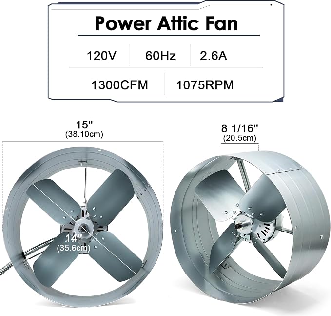 Hiorucet Upgraded 15 Inch Exhaust Fan for Gable Vent, 1300CFM 1850 SQF High Performance Low Noise Gable Mount Attic Fan with Adjustable Thermostat, 14'' Blade and Permanently Lubricated Motor 1075RPM.