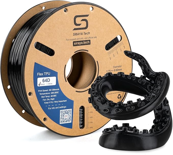 Siraya Tech Flex TPU 64D – High-Performance Elastic 3D Printing Filament, Durable & Wear-Resistant, Easy to Print, ISO 10993 Tested, Ideal for Tough, Durable Abrasion Resistant Parts (Black, 1kg)