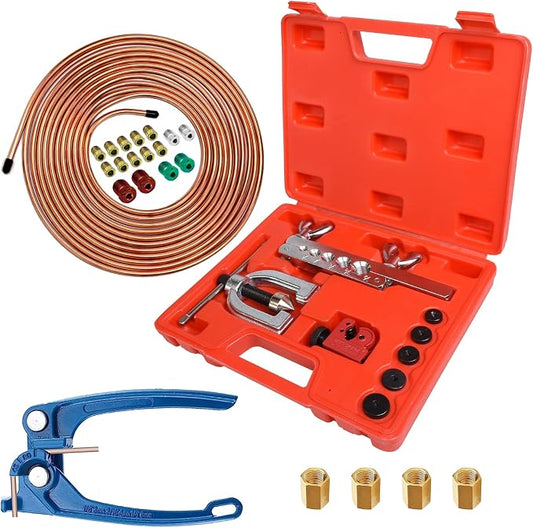25 Ft 3/16" Copper Coated Brake Line Kit, Brake Line Double & Single Flaring Tool Kit (Includes 16 Fittings and 4 Unions Brake Line Fittings) +Tube Bender