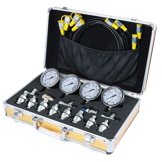 Hydraulic Pressure Gauge Test Kit, 4 Pressure Gauges, 4 Test Hoses, 10 Couplings, 3 Tee Connectors for Excavator Construction Machinery(Gold)