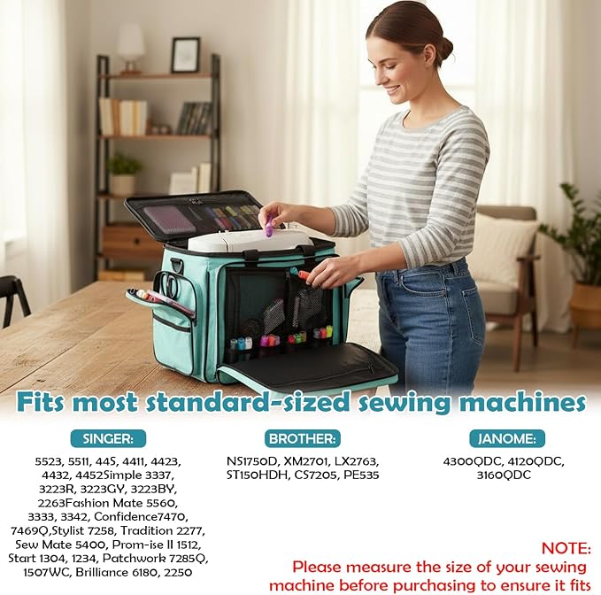 Sewing Machine Case with Wheels - Detachable Rolling Sewing Machine Case Fits Most Standard Sewing Machines And Storage Sewing Accessories, For Singer, Brother, Janome, Teal