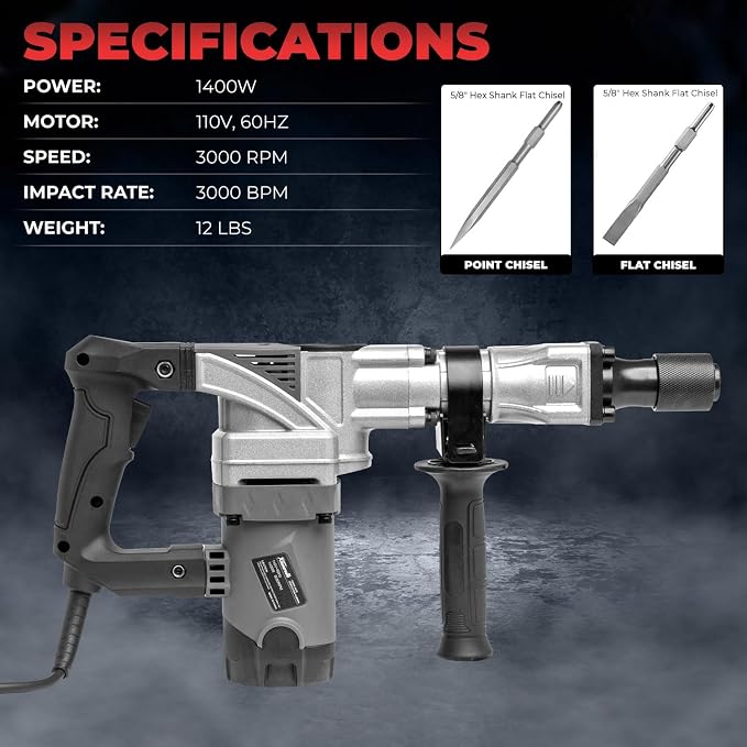 XtremepowerUS 1400W Demolition Electric Jack Hammer SDS Plus Construction Concrete Breaker Punch Drill Chipping 4500BPM Floor Tile Removal (Include Flat & Chisel Bits) Carrying Case