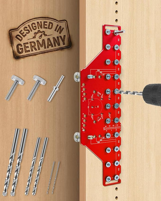 2-in-1 11-Holes Shelf Pin Jig, Concealed Hinge Jig, Drilling Guide with Self-Contained Clamping, All-Metal, for Cabinet Hinge & 1/4" 5mm Shelf Pin, Woodworking Drill Guide Tool (Red)
