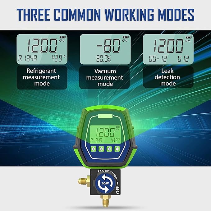 HVAC Digital Manifold Gauge Set, R134a Refrigerant Recharge Kit AC Manifold Gauge Set with 3 Hoses (Tolerance Range: -/+0.5%)