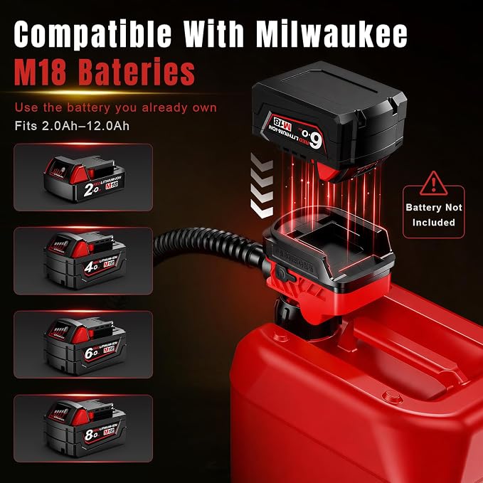 Fuel Transfer Pump for Milwaukee M18 Batteries, Cordless 3.7 GPM Flow | Gas Can Pump Kit with Locking Nozzle, 3 Adapters for Gasoline, Diesel, Kerosene & Light Oil, Battery Not Included