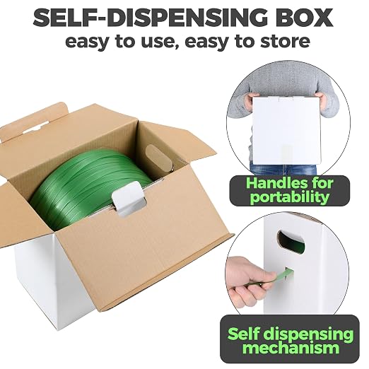 Heavy Duty Packaging Strapping Banding Roll - Green Polyester PET Industrial-Grade, 1000' x 5/8" x 0.035" Pallet Strap Coil - 1400 lbs Break Strength, Rust-Resistant with Self Dispensing Box Kit