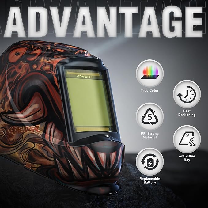 YESWELDER Large View Auto Darkening Welding Helmet, Blue Light Blocking, 1/1/1/1 True Color Solar Powered Welder Hood Mask with 4 Arc Sensors, Wide Shade 3/5-9/9-13 for TIG MIG ARC Cut and Grind