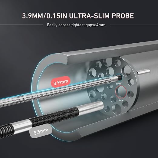 Ralcam 3.9mm Two-Way Articulating Borescope, 5 Inch HD Industrial Endoscope Inspection Camera with Light, Stainless Steel Flexible Fiber Optic Scope Camera 0.15in Automotive Mechanics Tool