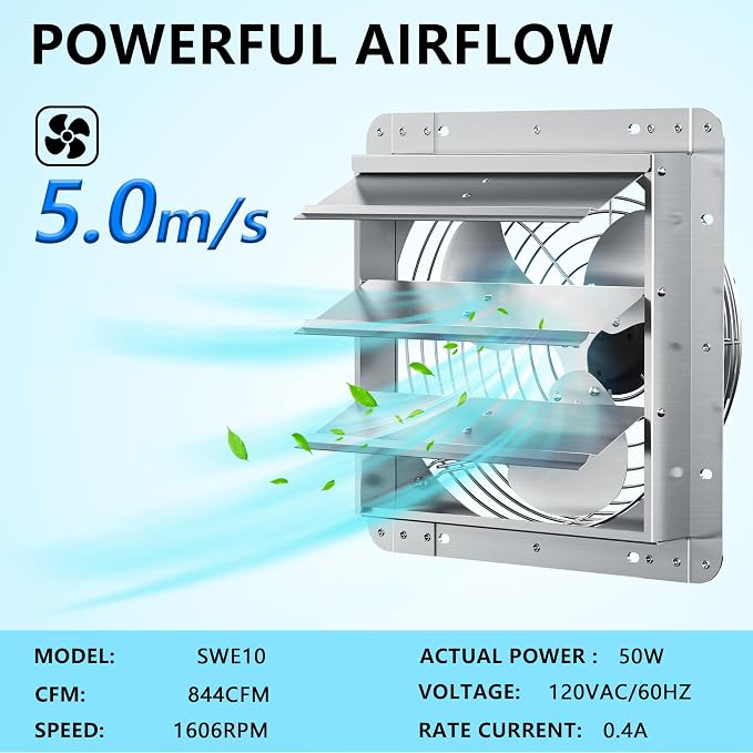 10 Inch Shutter Exhaust Fan, Aluminum Wall Mounted Exhaust Fan, 844 CFM High Speed Automatic Shutter Attic Fan, Vent Fan For Greenhouse,Shed,Shop,Garage