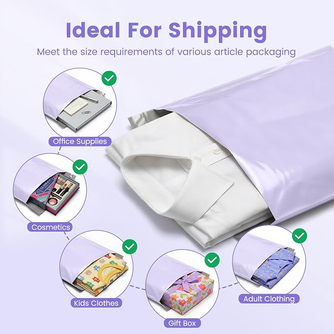 Metronic Poly Mailers 12x15.5 50PC Shipping Bags for Clothing, Self-Seal Waterproof Poly Bags Shipping Envelopes, Durable Plastic Package Mailing Bags for Small Business, Lilac Purple