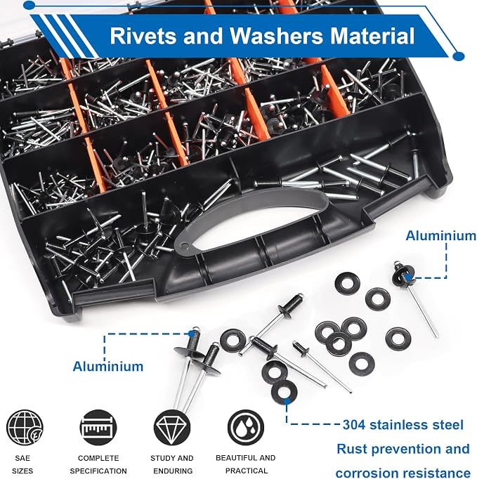 smseace Black, Silver(Can Choose) Pop Rivet Gun Kit Black Pop Rivets, Large Flange Rivets, Washers and Rivets Gun Tool Packed in Portable Toolbox with Color Label