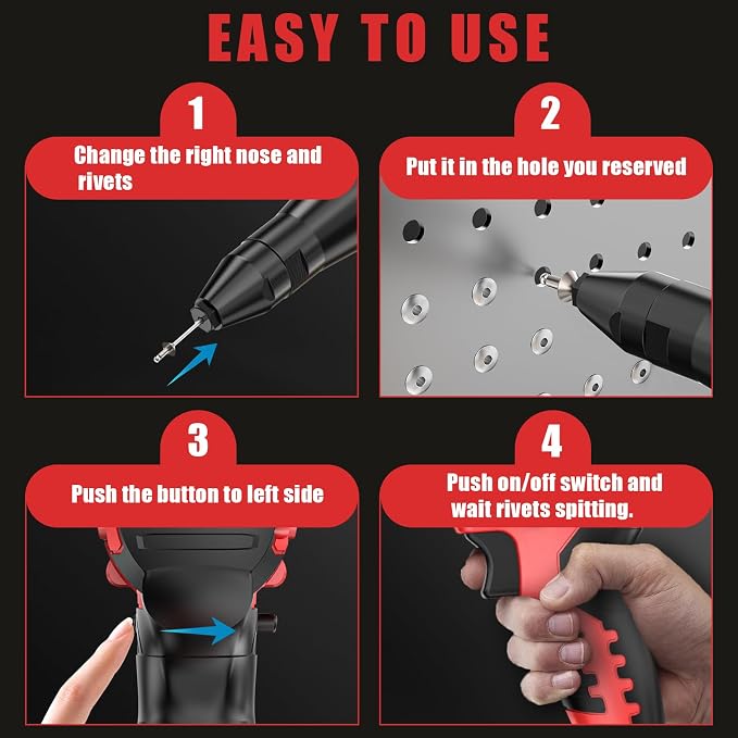 Cerycose Cordless Rivet Gun Kit Compatible with Milwaukee 18V Brushless Electric Riveters Gun Tool with 3-Size Steel Rivets(1/8"-5/32"-3/16") LED Light & Nose Piece (Tool Only)
