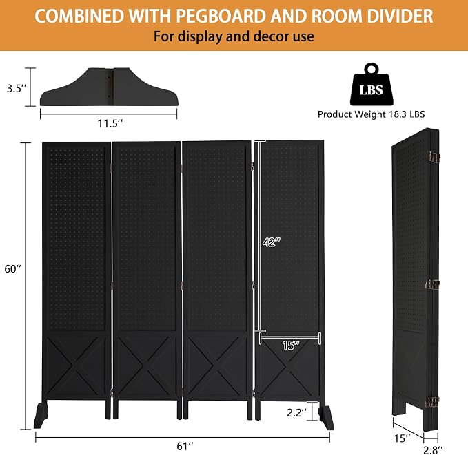 VINGLI Freestanding Pegboard with Support Feet, 5 FT Wood Room Divider Display Board Organizer, Folding Privacy Screen Partition Space Separator for Craft Shows Events Retail (Black, 4 Panel)