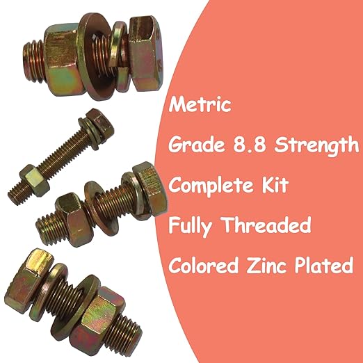 918Pcs Metric Bolt Assortment Kit - Grade 8.8 M6 M8 M10 M12 (16-50mm) Hex Bolts with Nuts & Washers, Yellow Zinc Plated, Storage Case for Heavy Equipment & Machinery Repair