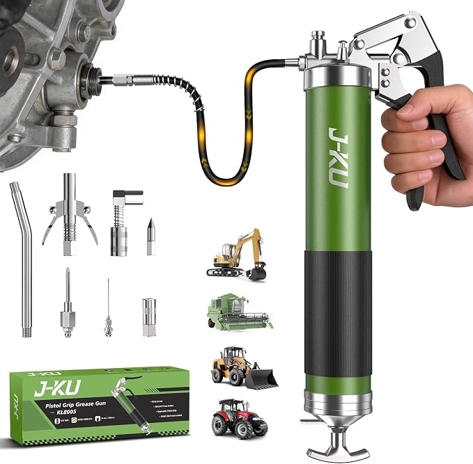 J-KU Grease Gun, 14 oz Manual Pistol Grip Grease Gun Kit – Heavy Duty 8000 PSI High Pressure Grease Gun with Air Bleed Valve for Easy Priming, Flexible Hose & 6 Nozzles for Automotive, Marine, Tractor