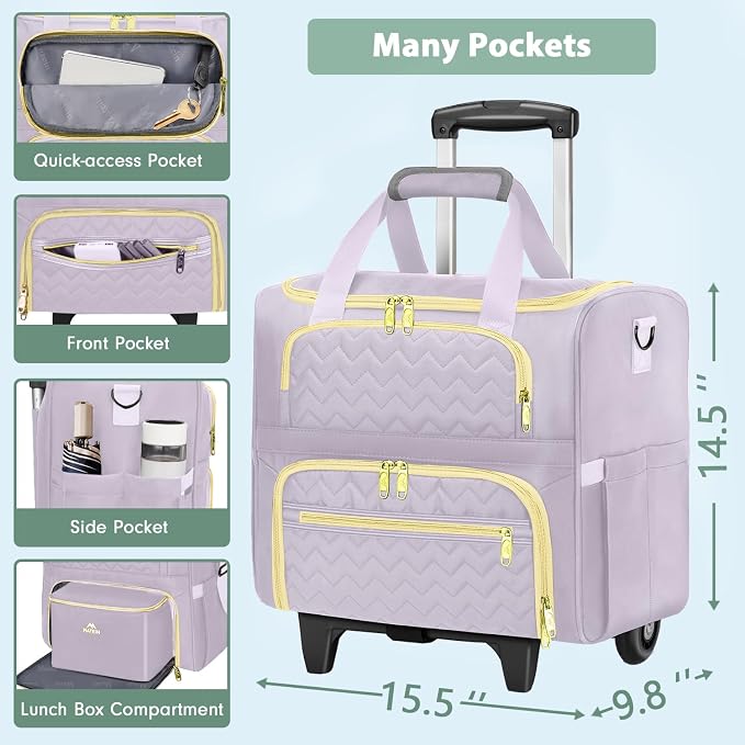 MATEIN Rolling Briefcase for Women, Rolling Work Bag with Wheels & Detachable Cart Fit 15.6 Inch Laptop, Roller Laptop Tote Bag with Insulated Lunch Box for Teacher Commute Office Work College, Purple