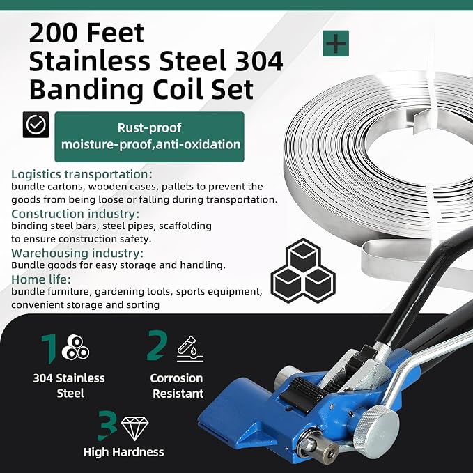 200 ft 304 Stainless Steel Banding Strapping Kit with 100 Steel Buckles & Tensioner Tool – Rust-Resistant Heavy Duty Pallet Strapping for Shipping, Construction, and Storage