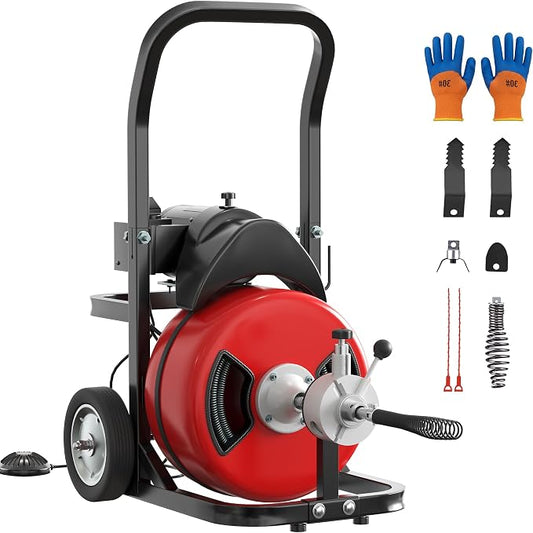Drain Cleaner Machine 100FT x 1/2 Inch Steel Core Cable Portable 370W Electric Drain Cleaning Machine With Sewer Auger, Cutter, Air-activated Foot Switch, Wheels for Commercial, Home