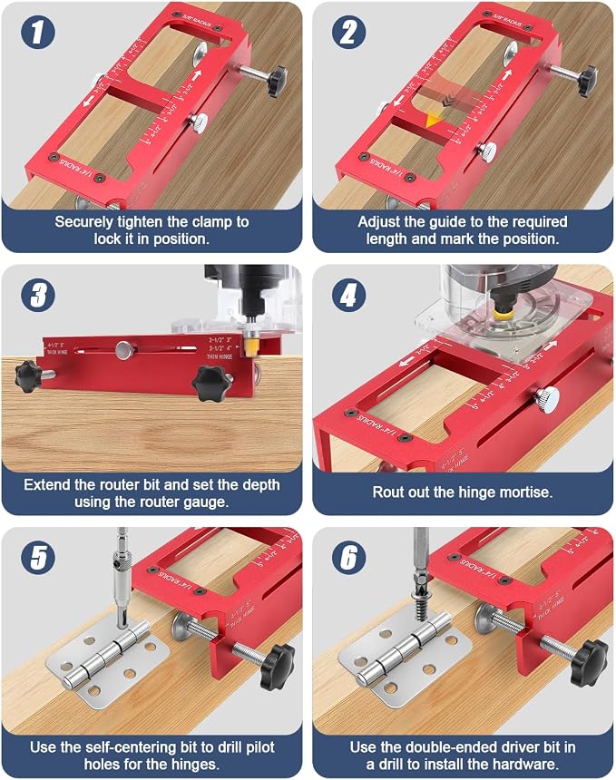 ALL-IN-ONE Door Hinge Jig, Door Lock and Door Latch Installation Kit, Aluminum Alloy Router Template for Hinge Mortising from 2.5" to 5" and Types of Square, 1/4", 5/8" Radius, Door Hole Drilling Kit