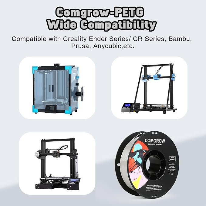 Comgrow PETG 3D Printer Filament 1.75mm, High Precision and Tough 3D Printer Filament 2kg (4.4LBS), Dimensional Accuracy +/- 0.02 mm, Fit Most 3D Printers Black+Grey