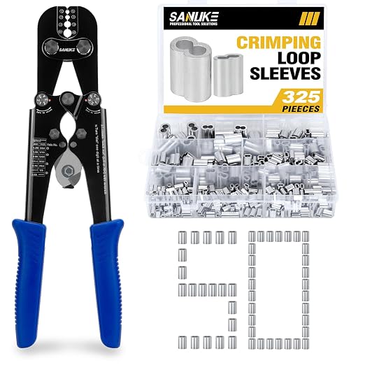 Sanuke Wire Rope Crimping Tool Kit, with 375pcs Wire Rope Aluminum Crimping Loop Sleeves, Crimping from 3/64-inch to 1/8-inch