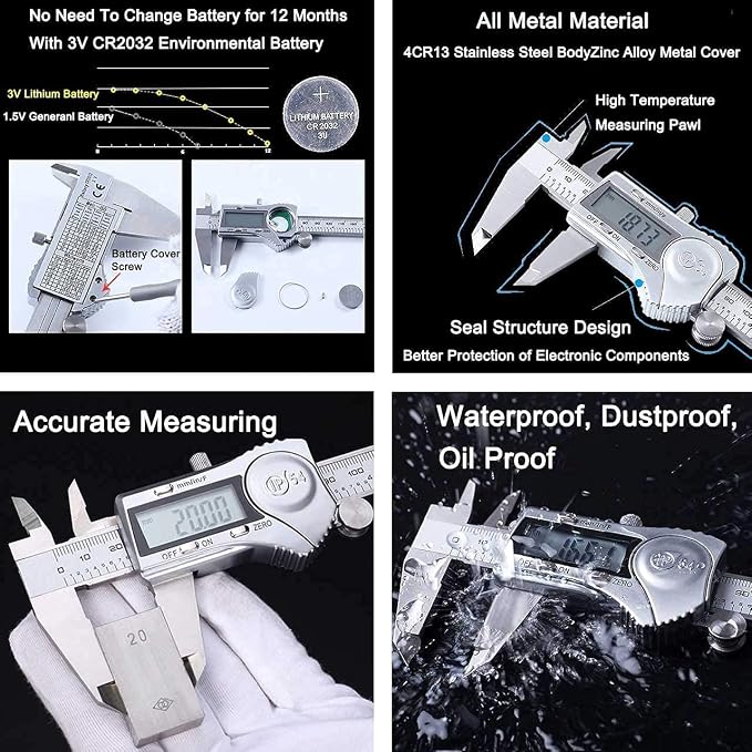 Kynup Caliper, Digital Caliper, Caliper Measuring Tool with Stainless Steel, Easy Switch from Inch Metric Fraction, Large LCD Screen, IP54 Waterproof Protection Design
