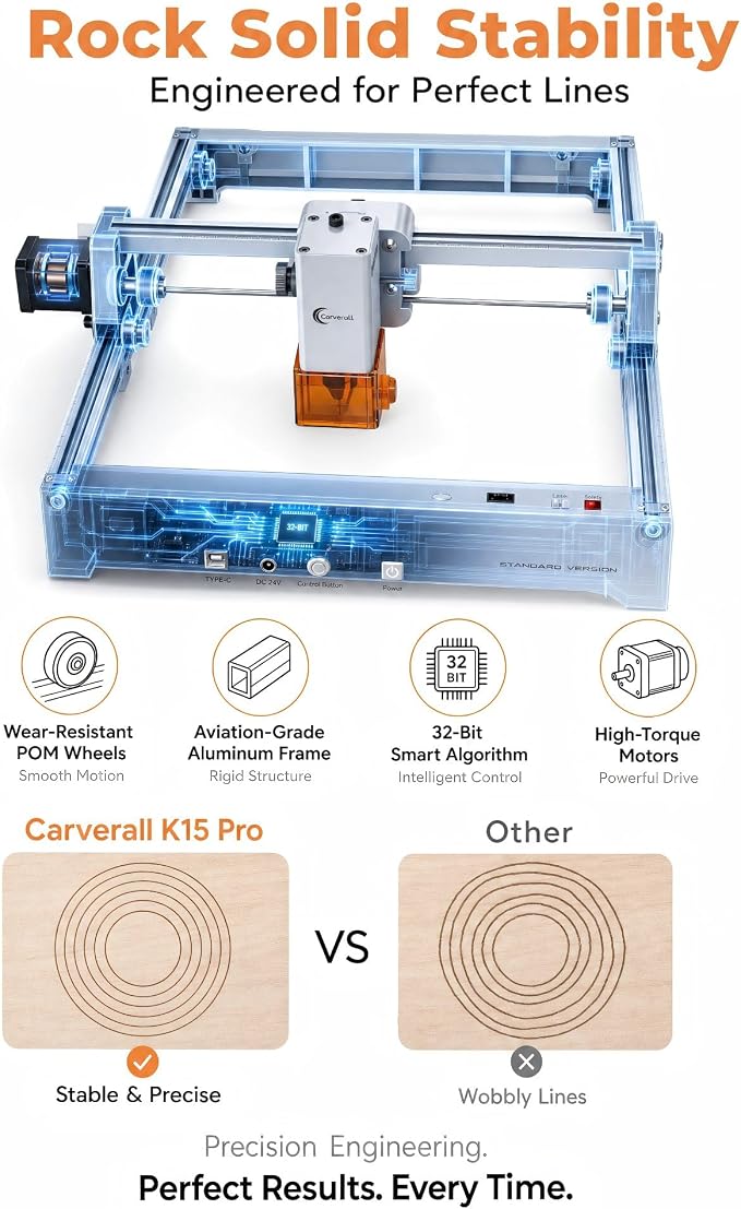 Laser Engraver 12W Laser Engraving Machine for Wood Metal Acrylic Glass Stone, DIY CNC Portable Laser Cutter 7.9" x 11.8" (Near A4) Offline Engraving Carverall K15 Pro Silvery, 12000mW, Class 1