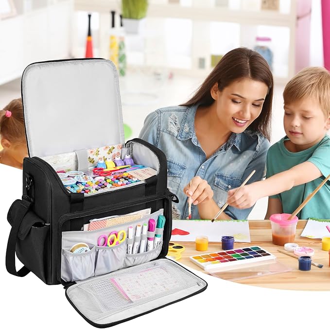 Craft Bag for Scrapbook Supplies, Large Scrapbook Tote with 15.6'' Laptop Sleeve, Art Supply Storage Bag with Multiple Pockets for Scrapbooking Tools, Black