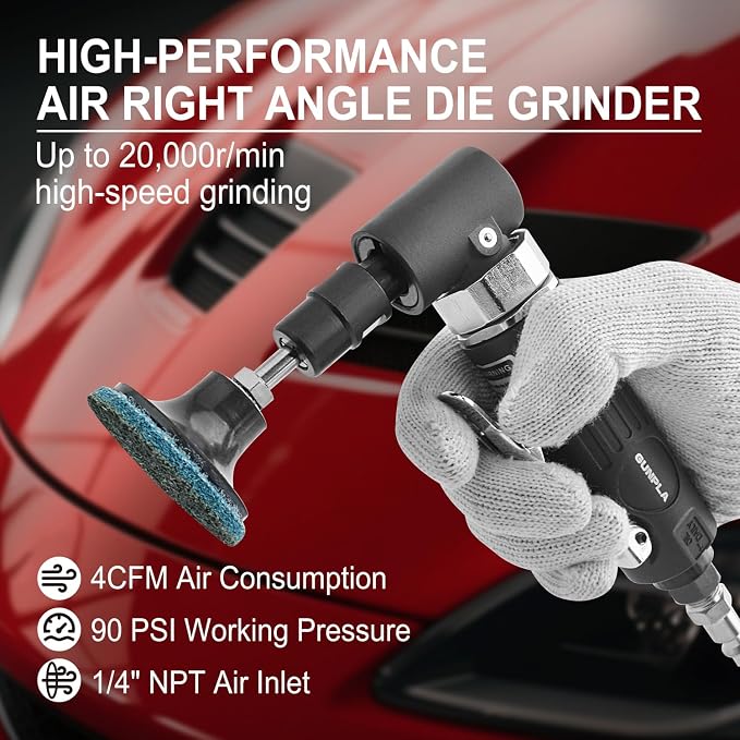 Gunpla 1/4 inch Angle Air Die Grinder, 90 Degree Heavy Duty 20,000 RPM with 26 pcs 2-inch Sanding Discs for Grinding, Deburring, Engraving, Polishing, Engraving and Rust Removal