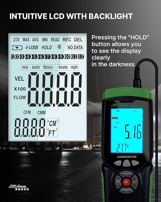 Hot Wire Anemometer AM-288 – HVAC Airflow Meter for Duct and Vent Testing, CFM/CMM Air Volume Calculation, Wind Speed & Temperature Measurement, Data Logging, USB PC Software