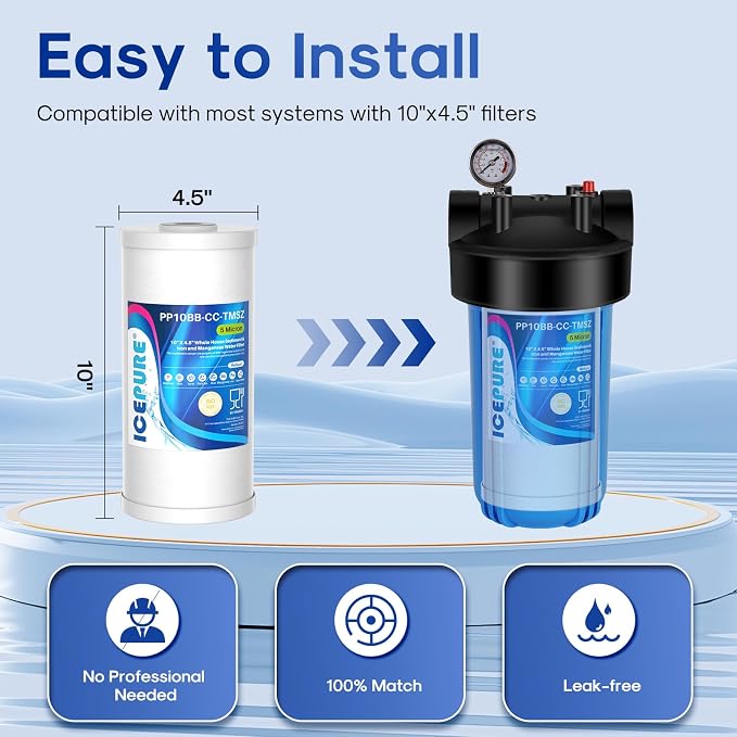 ICEPURE 5 Micron 10" x 4.5" Whole House Sediment and Iron Manganese Resin Water Filter Compatible with GE FXHTC, GXWH40L, RFC-BBSA W50PEHD Whirlpool WHKF-GD25BB GXWH35F GNWH38S Dupont WFHD13001, 1PACK