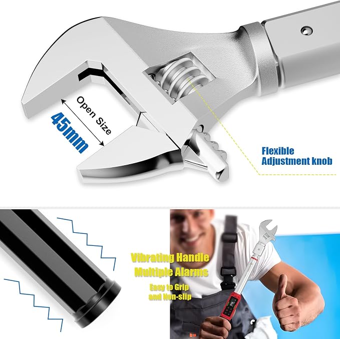 ANPUDS Adjustable Digital Torque Wrench, 1.5-99.6 Ft.lb, ±1% Accuracy | 2-135Nm, 45mm Jaw & 1/2" Ratchet, 14×18mm Open End, Vibration, Buzzer, LED Indicator for HVAC, Split AC, Motorcycle, Plumbing