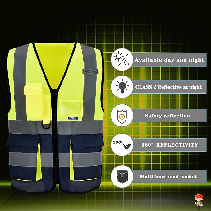 A-SAFETY Hi-Vis Reflective Vest, Radio Loop, Front Zipper, Yellow/Navy, XS | Yellow/Navy XS safety vest with 7 pockets, clear ID pocket and radio mic loop for airport ground crews; unisex workwear.