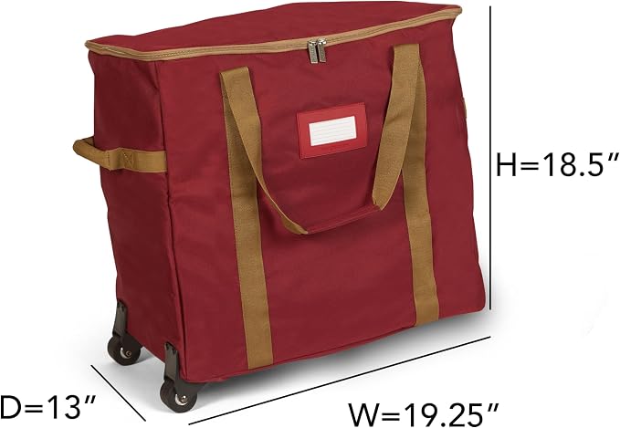 Covermates Keepsakes Rolling Treasurekeeper Storage Bag – Heavy-Duty Polyester with Dual Wheels & Handles – Protects Holiday Decorations with ID Window & Dual Zipper Access, Red