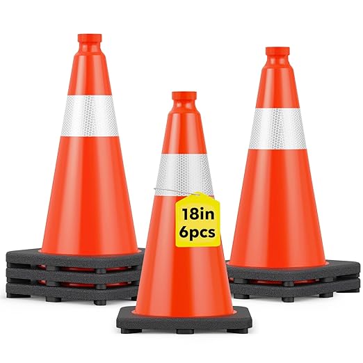 HiGiant 18 Inch Traffic Cones 6 Pack, Orange Safety Cone with Weighted Base, High-Visibility and Impact-Resistant, for Parking, Road Construction, Drivers Training, Driveway