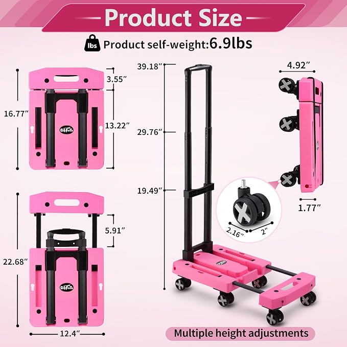 Folding Hand Truck Lightweight Hand Truck Dolly Foldable,Luggage cart with 6 Rotate Wheels, Utility Cart with Adjustable Handle,Collapsible Dolly for Moving (Pink)