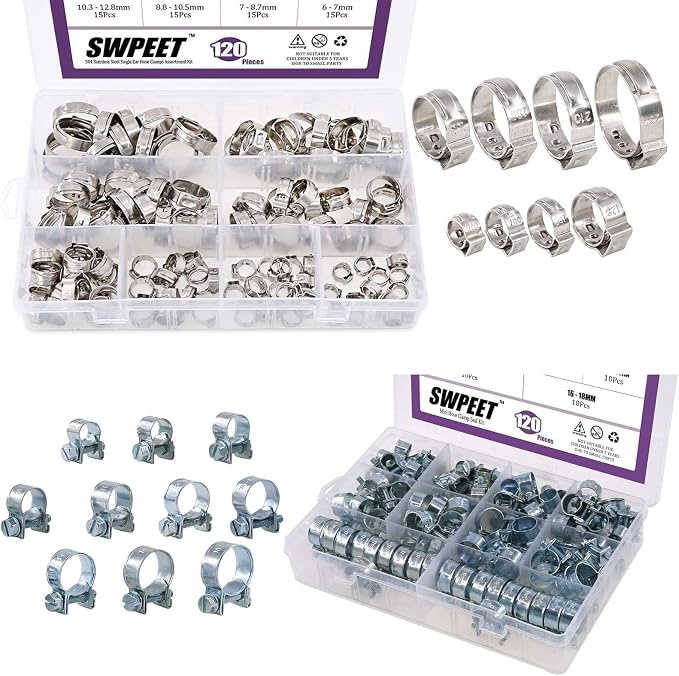 Swpeet 240Pcs 304 Stainless Steel Single Ear Hose Clamps and Zinc Plated Mini Hose Clanps