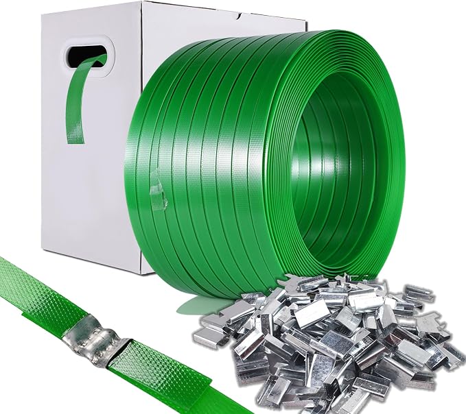 Packaging Strapping, Pallet Straps, Banding Strap (5/8" x 1500 ft x 0.035" PET Polyester Coil Roll and 100 Buckles) - Certified 1200 lbs Break Plastic Strap