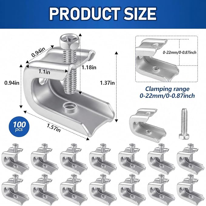 Hicarer 100 Pcs 1/4" x 20 Beam Clamp Heavy Duty Steel, Zinc Plated C-clamp Fastener for I-beams and Strut Channels, Secure Conduit & Pipe Hanging Support