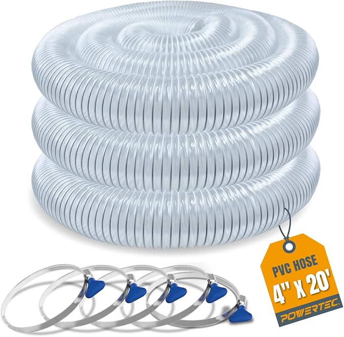 POWERTEC 4" x 20' Flexible PVC Dust Collection Hose with 5pcs Stainless Steel Key Hose Clamps for Table Saw, Band Saw, Planer, Jointer, Woodworking and Garage, Woodshop Dust Collection System (70455)