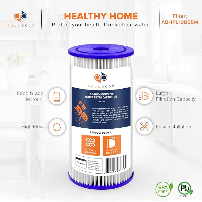 Aquaboon 5 Micron Pleated Sediment Water Filter 10 x 4.5 Cartridge - Whole House Water Filter Replacement - Whole House Water Filters Cartridges Compatible with Well Filters FXHSC, R50-BBSA, 10-Pack