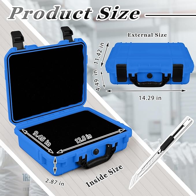 Relaxweex 1 Pcs Waterproof Hard Case with DIY Customizable Foam Insert Portable Protective Case with Knife for Camera Drones Equipments Tools Test Instruments(Blue,14.3 x 11.4 x 4.5 Inch)