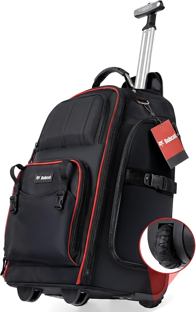 Bobcat Tool Organizer Backpack, EVA Hard Pocket, Large Capacity Storage for Electricians & Technicians, Heavy Duty Mobile Tool Bag (Black/Red Rolling tool Bag)