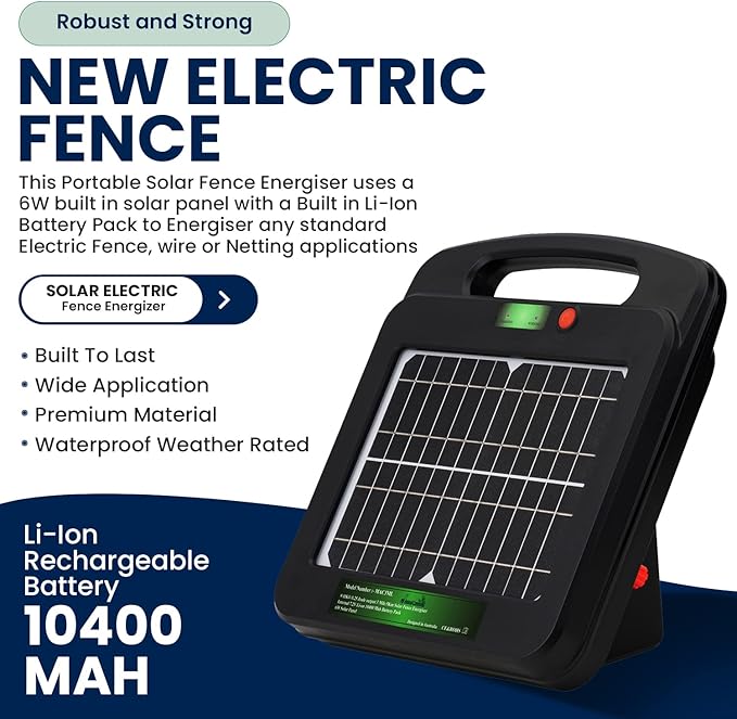 Solar Powered Electric Fence with Lithium Battery Energizer Containment & Protection of Livestock Horses Cattle Sheep Pets Easy Install Charger 0.25 Joules Output (9-11KV)